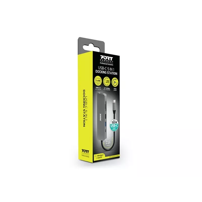 Hub interfejsu Port Designs 900162 USB Type-C — Wyjście USB Type-C, 3840x2160@60Hz, wejście 20V/5A, 117×34×13 mm, srebrny
