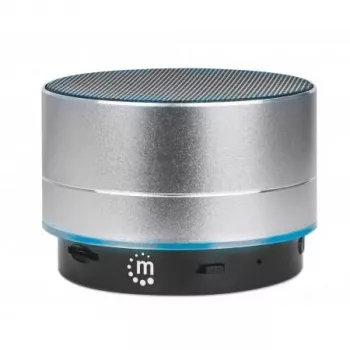 Manhattan Metaliczny Głośnik Bluetooth, Bryzgoszczelny, Zasięg 10m, czytnik kart microSD, złącze Aux 3.5mm, kabel ładujący USB-A w zestawie (ładowanie 5V), Srebrny, Trzy Lata Gwarancji