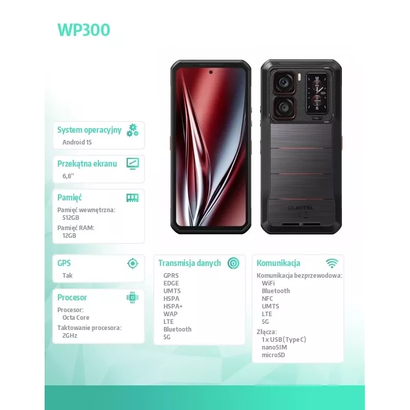 Smartfon Oukitel WP300 6,3 cala 12 GB RAM 512 GB Czarny