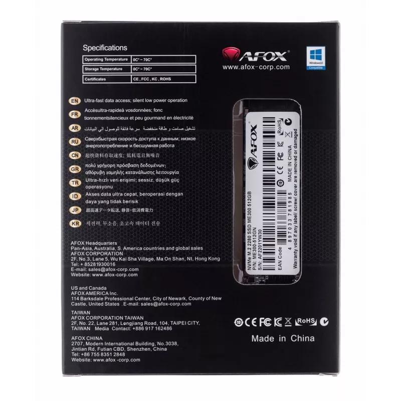 SSD M.2 AFOX ME300-512GN 512 GB PCIe NVMe TLC, odczyt 2000 MB/s, zapis 1600 MB/s