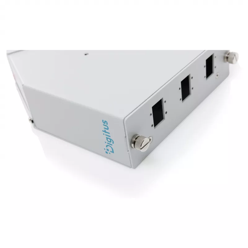 Rozdzielacz spawów światłowodowych na szynę DIN DIGITUS DN-96894 — kątowy, 6 SC SX / LC DX, aluminium, szary