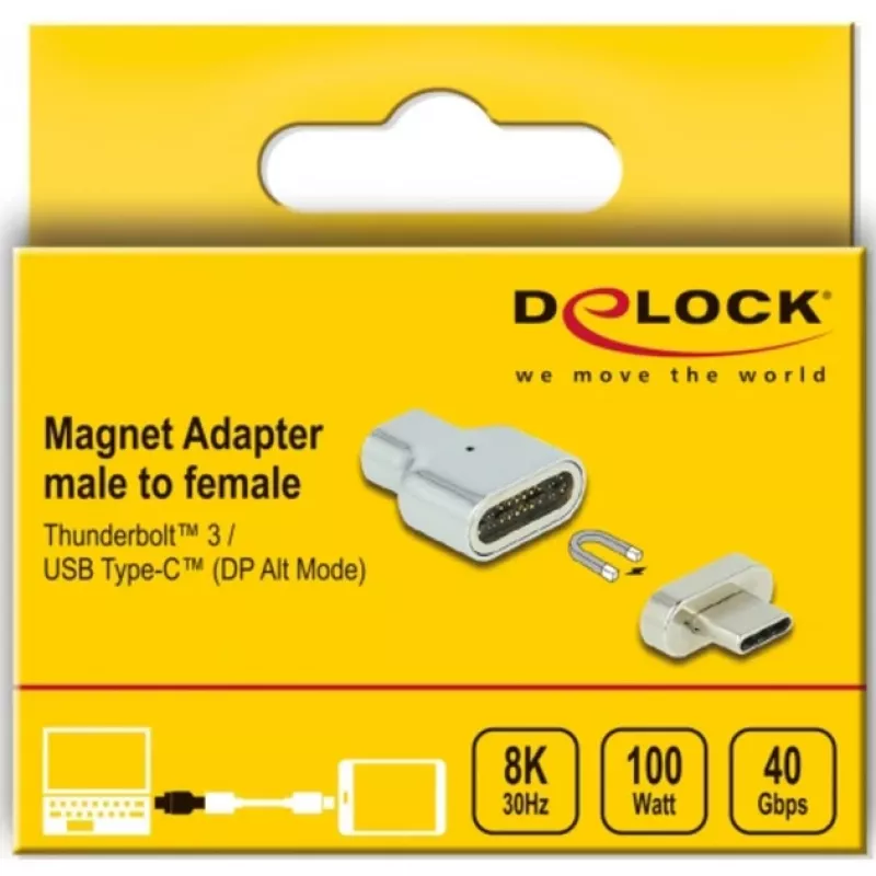 DeLOCK - Adapter Thunderbolt / USB-C - USB-C (M) magnetyczny na USB-C (W) - USB 3,2 Gen 2 / Thunderbolt 3 4,5 A - Obsługa 8K - Srebrny (66433)