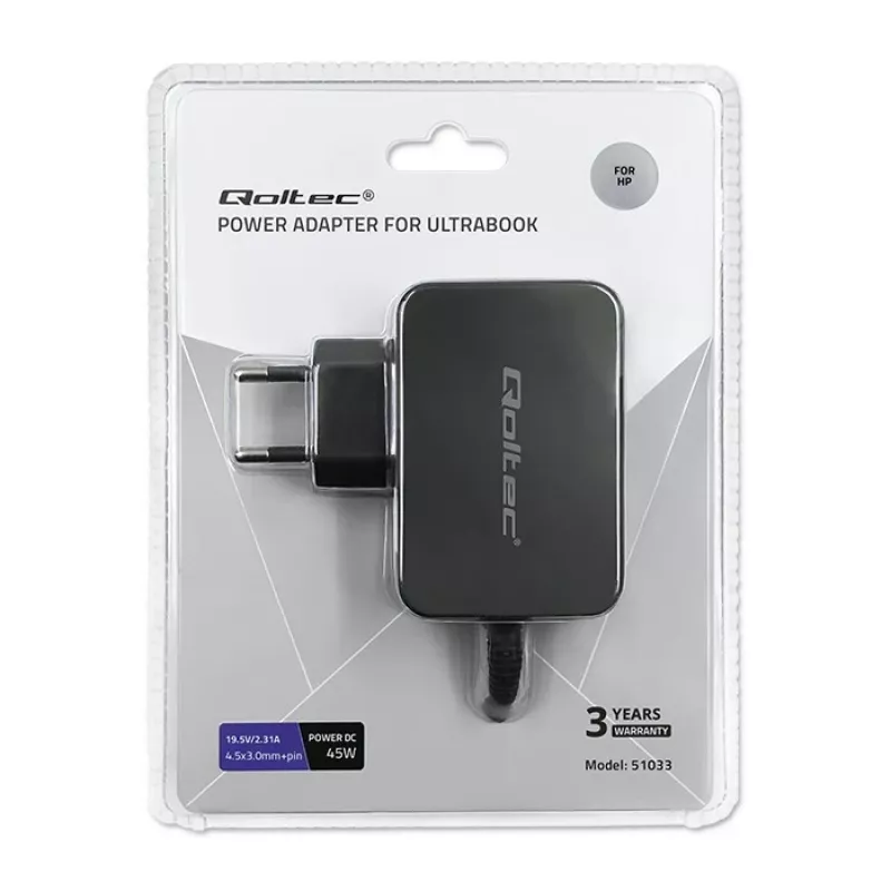 Zasilacz AC QOLTEC 51033 do laptopów, 45 W, 19,5 V, 2,31 A, 220–240 V, do użytku wewnętrznego, czarny, kabel 1,7 m