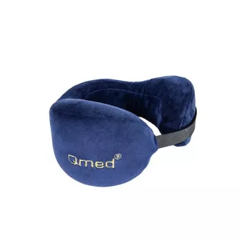 Podróżna poduszka na szyję Qmed DRQE3J1CDXUXP — konturowa ergonomiczna pianka PU, 240×230×125 mm, gęstość 45 kg/m³, granatowa