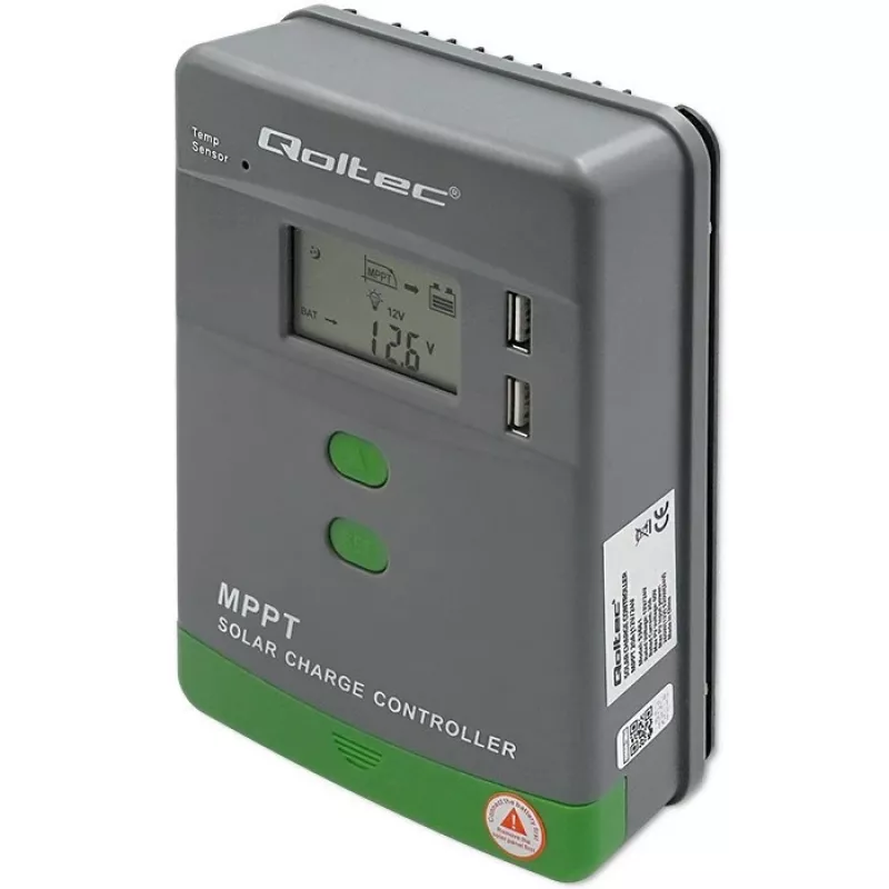 Qoltec, regulator ładowania MPPT z czujnikiem temperatury 20A 12V/24V Wyświetlacz LCD 2 x USB