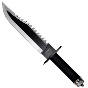 Stały nóż survivalowy cinema classic CC-H2 — 400 mm całkowita, 250 mm ostrze ze stali, gładkie i ząbkowane, czarna rękojeść, w zestawie skórzana pochwa