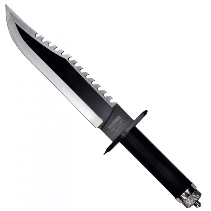 Stały nóż survivalowy cinema classic CC-H2 — 400 mm całkowita, 250 mm ostrze ze stali, gładkie i ząbkowane, czarna rękojeść, w zestawie skórzana pochwa
