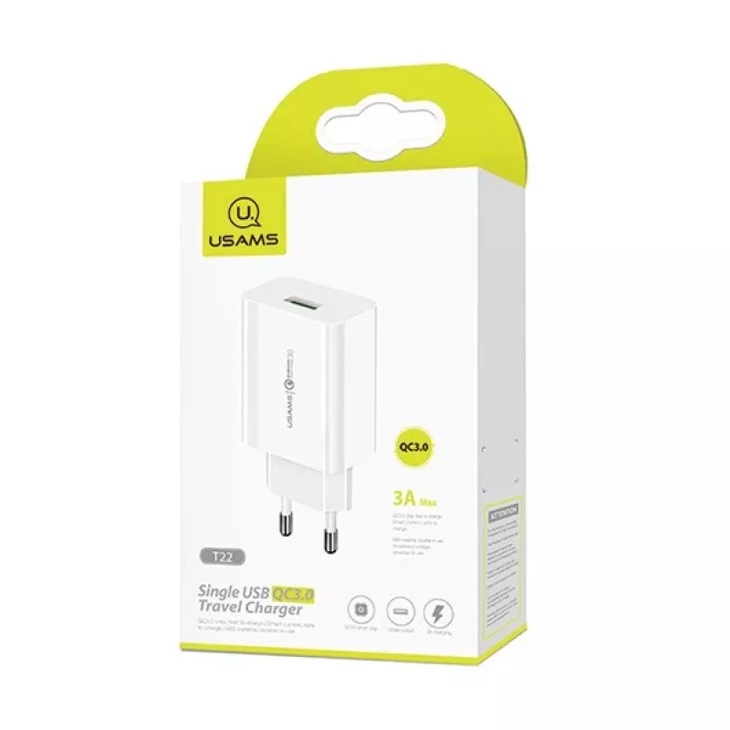 Ładowarka usams T22 18W QC 3.0 z kablem USB-C — szybka ładowarka 18W, Quick Charge 3.0