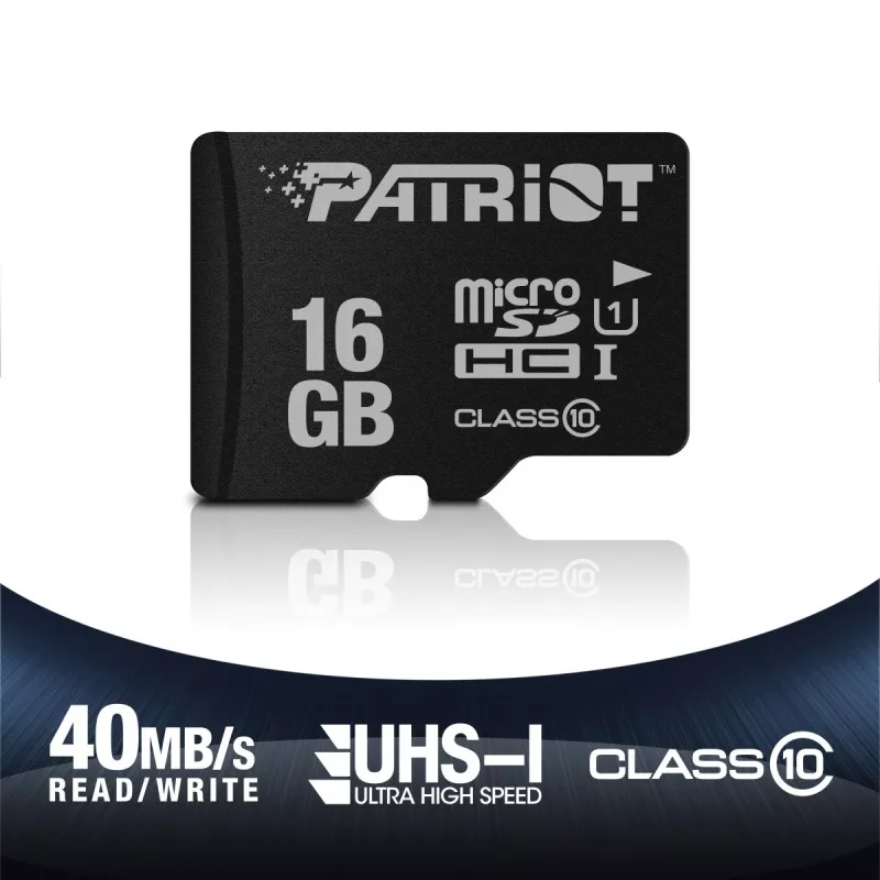 Karta pamięci microSDHC PATRIOT PSF16GMDC10 — 16 GB, Klasa 10, UHS-I (U1), 80 MB/s, czarna