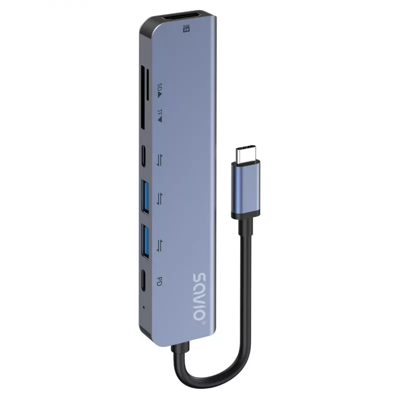 Hub USB Type-C SAVIO AK-82 z HDMI, MicroSD, USB 3.2 Gen1, PD passthrough, 4K@30Hz, 5000 Mbit/s, czarny
