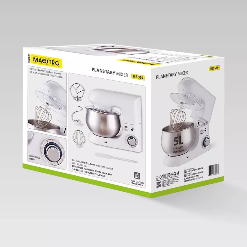 Planetary mixer Maestro MR-559 stand mixer, 5.0 L stal nierdzewna misa, 2000 W, 6 prędkości, sterowanie obrotowe