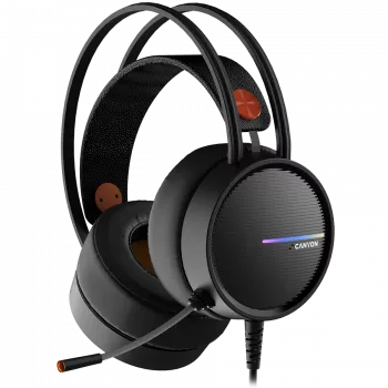 CANYON INTERCEPTOR GH-8A, Słuchawki gamingowe 3.5mm jack plus złącze USB do podświetlenia LED, regulowany mikrofon i regulacja głośności, z adapterem 2w1 3.5mm, kabel 2M, Czarno-pomarańczowe