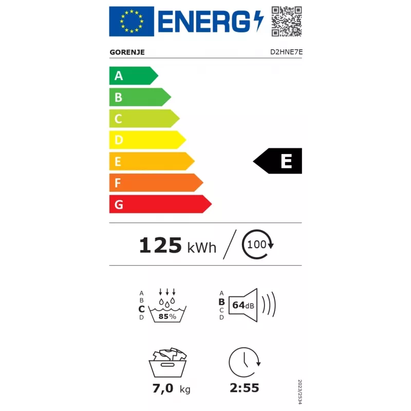Suszarka Gorenje | D2HNE7E | Klasa efektywności energetycznej E | Ładowanie od przodu | 7 kg | Pompa ciepła | LED | Głębokość 51 cm | Biała