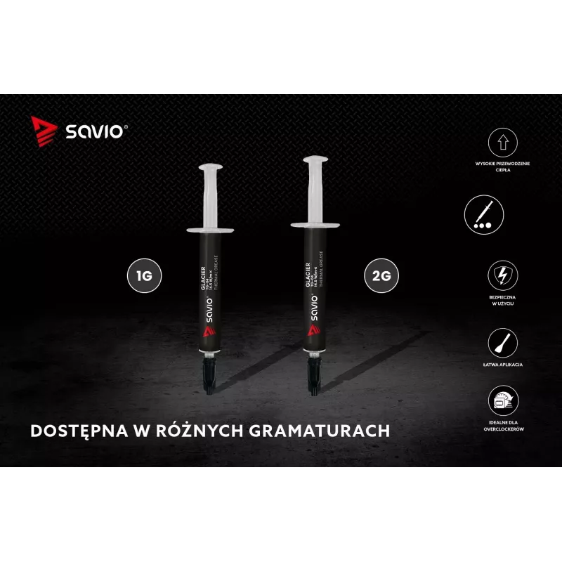 Pasta termoprzewodząca SAVIO TG-04 2g — wysokowydajna pasta termiczna do CPU/GPU, gęstość 2,81 g/cm³, szara, 2 g