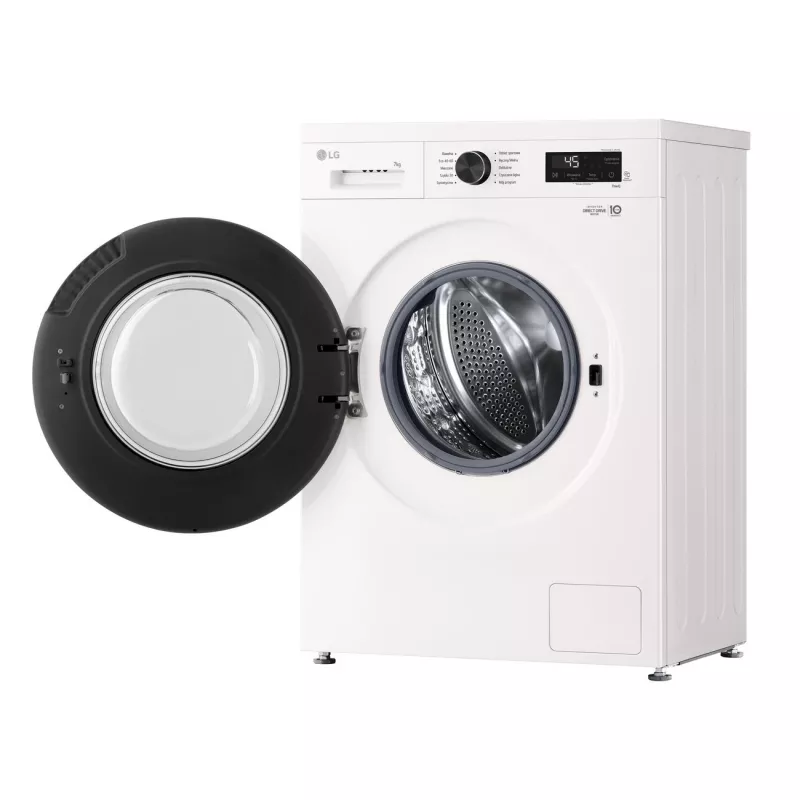 Pralka LG F2X10S7NWK — ładowana od przodu, szerokość 600 mm, głębokość 540 mm, wysokość 890 mm, masa netto 59 kg