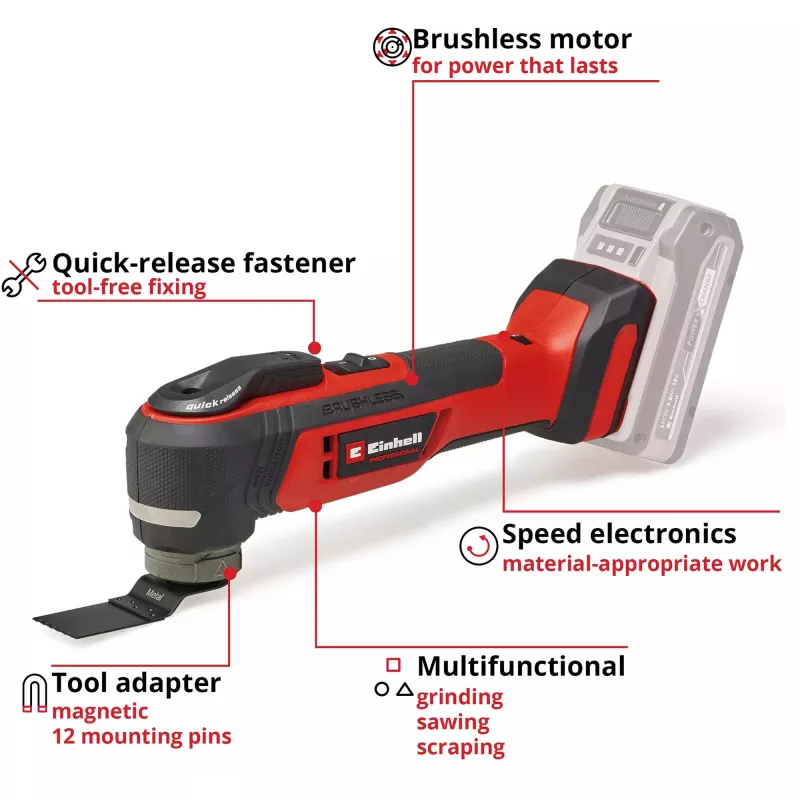 Narzędzie wielofunkcyjne EINHELL TP-MG 18 Li BL Solo — 18 V Li-Ion, szlifowanie, piłowanie, 1,08 kg, czarno-czerwone