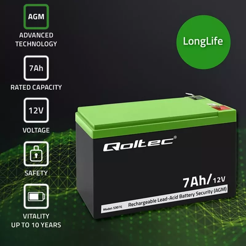 Qoltec 53076 Bateria AGM | 12V | 7Ah | Systemy alarmowe