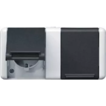 Gniazdo wtyczkowe Typ F JUNG 8220 W — IP44, 250V/16A, obudowa termoplastyczna, 151×75×58 mm, czarny/biały