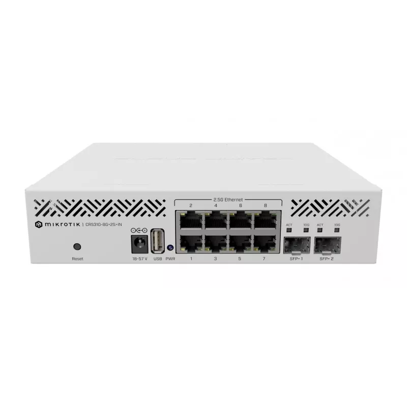 Zarządzalny przełącznik L3 MikroTik CRS310-8G+2S+IN — 8× 2.5G RJ-45, 2× SFP+, PoE, montaż w racku 1U, Biały
