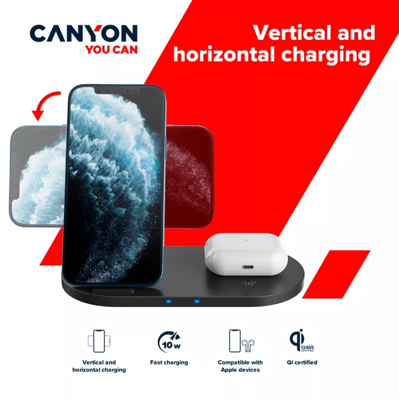 Ładowarka bezprzewodowa Dock 2w1 QI 10W/USB-C/LED czarna
