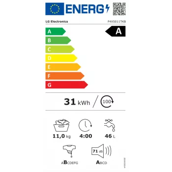 LG Pralka F4X5011TKB, A, ładowana od przodu, pojemność prania 11 kg, głębokość 56.5 cm, 1400 obr./min, LED, biały | LG
