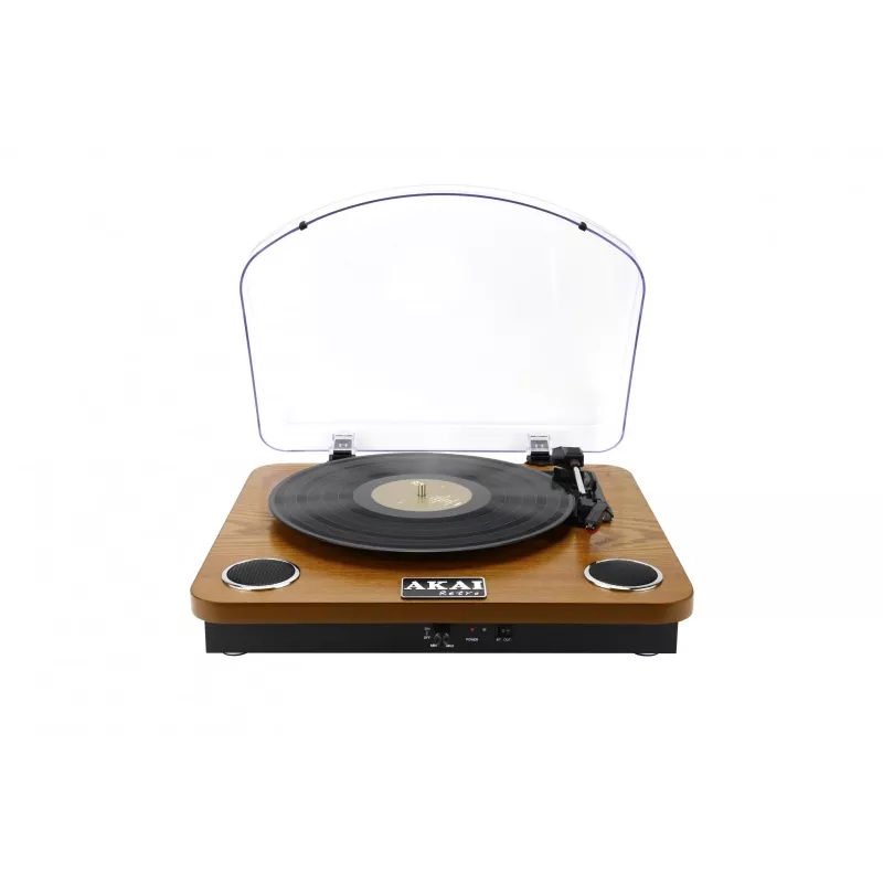 Gramofon audio z napędem paskowym AKAI ATT-11BT — brązowy, 33/45/78 obr./min, 0,8 W RMS