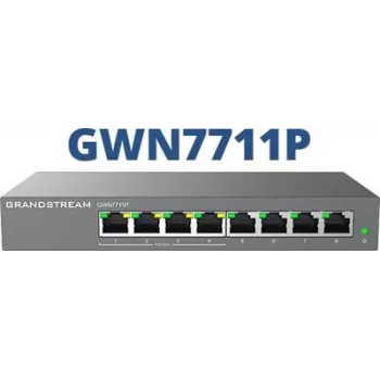 Zarządzalny przełącznik sieciowy Gigabit PoE L2 Grandstream GWN7711P — 8x RJ-45 10/100/1000, 48 V DC, do montażu na biurku/ścianie
