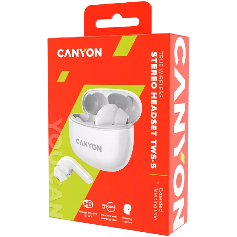Słuchawki Bluetooth Canyon TWS-5, z mikrofonem, BT V5.3 JL 6983D4, pasmo przenoszenia: 20Hz-20kHz, bateria słuchawek 40mAh*2 + etui ładujące 500mAh, USB-C
