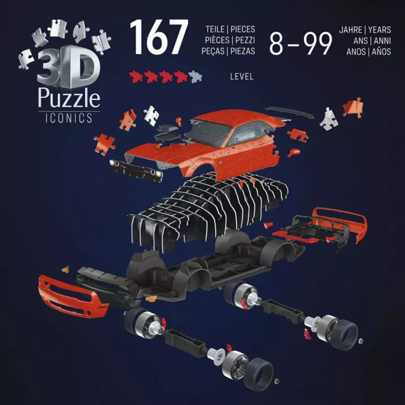 3D puzzle Ravensburger Dodge Challenger R/T Scat Pack Widebody – seria Iconics, replika modelu