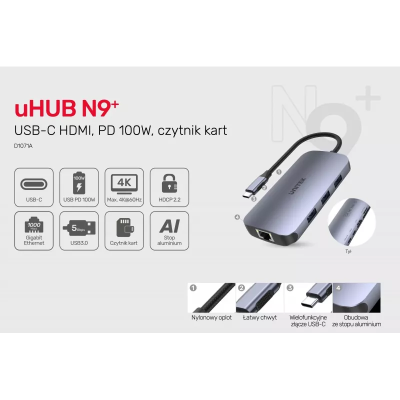 UNITEK D1071A hub interfejsowy USB 3.0 SuperSpeed 5 Gb/s Srebrny