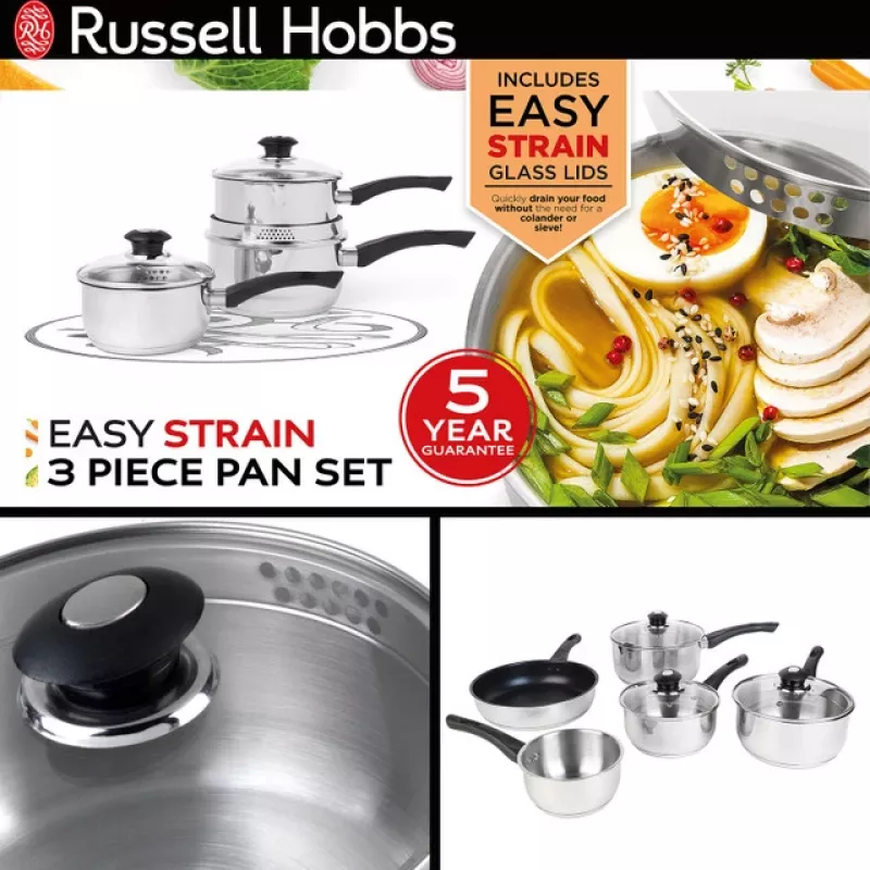 Zestaw naczyń kuchennych Russell Hobbs RH00542EU7 — 3-częściowe patelnie z powłoką nieprzywierającą, można myć w zmywarce
