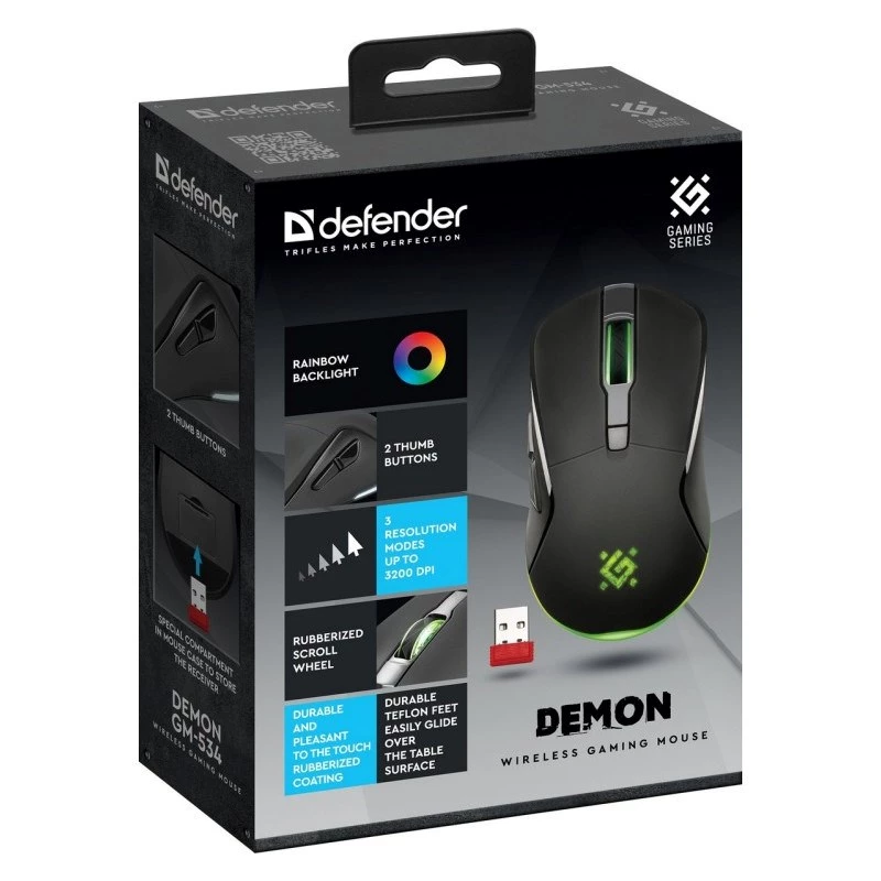 Bezprzewodowa mysz gamingowa DEFENDER Demon GM-534 RF, symetryczna, 3200 DPI, 5 przycisków, nanoodbiornik USB-A 2.4 GHz
