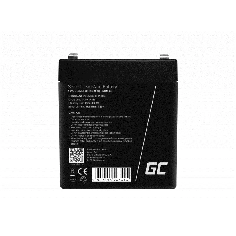 Bateria UPS zielony Cell AGM44 — 12 V 4.5 Ah Sealed Lead Acid (VRLA), 101×70×90 mm, 1.35 kg, czarna
