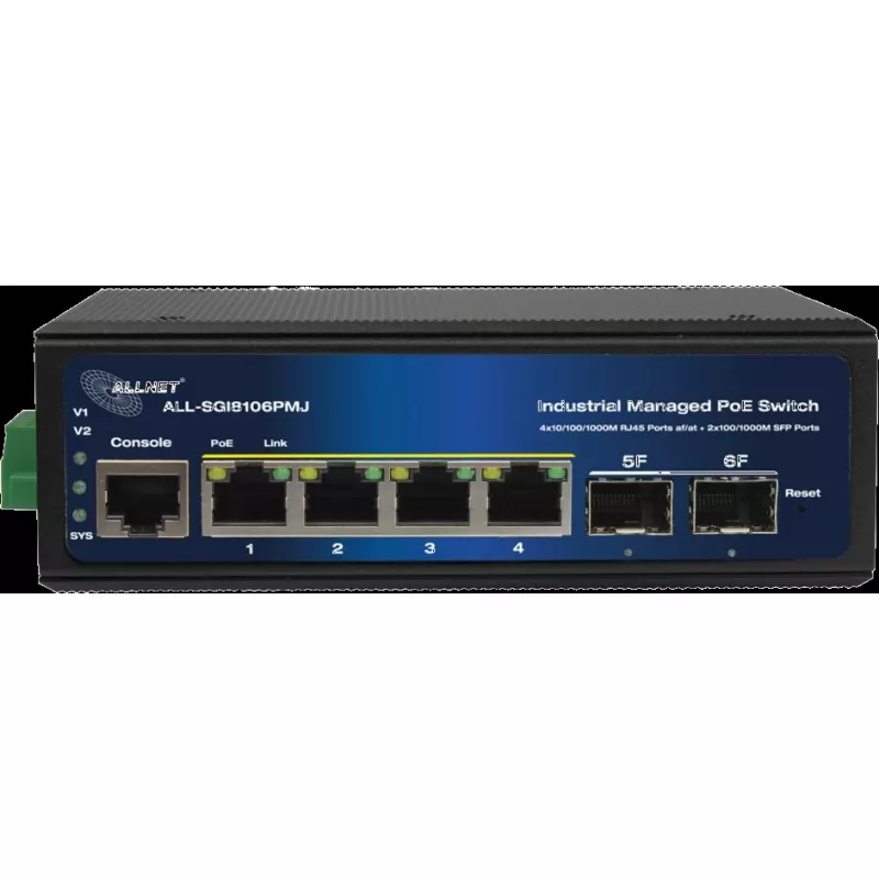 Przemysłowy przełącznik PoE ALLNET ALL-SGI8106PMJ-BT — 6-portowy (4 PoE+), wytrzymała metalowa obudowa
