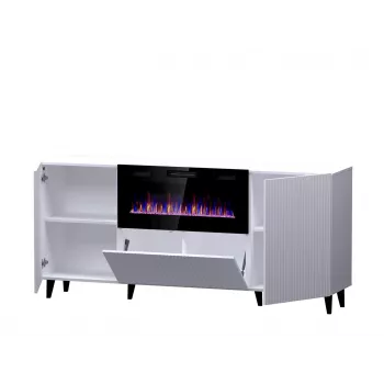 Komoda z kominkiem elektrycznym Cama Meble PAFOS, 180x42x82 cm, biały mat, 1400–1600 W, bezuchwytowa, 3 drzwi, 2 półki