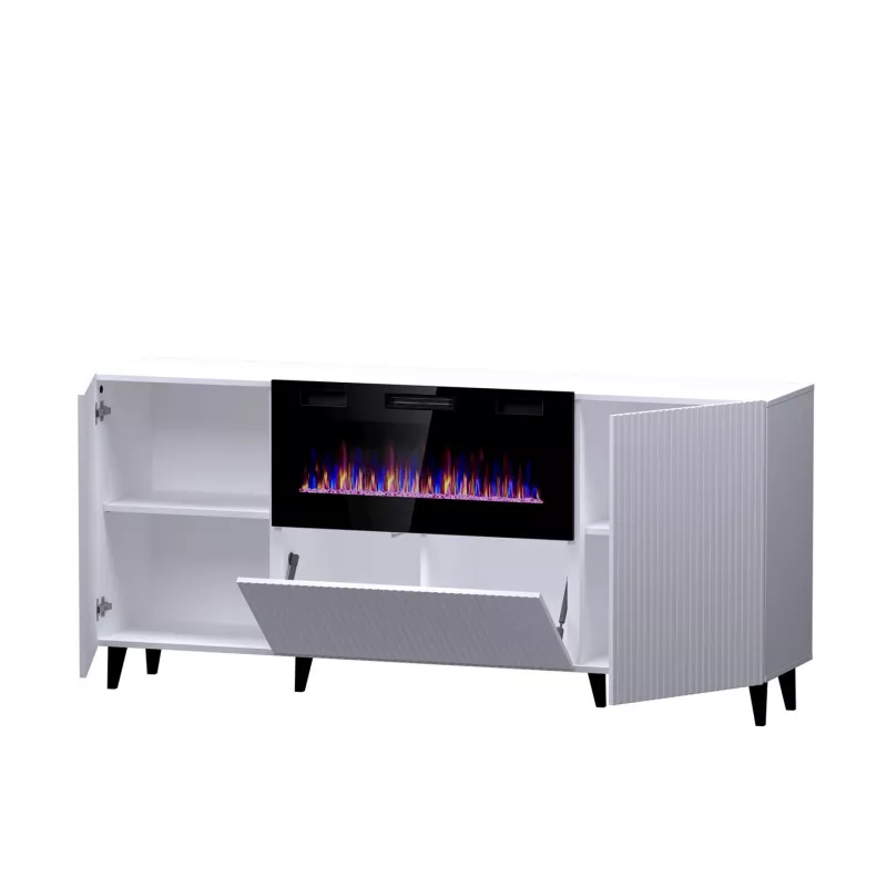 Komoda z kominkiem elektrycznym Cama Meble PAFOS, 180x42x82 cm, biały mat, 1400–1600 W, bezuchwytowa, 3 drzwi, 2 półki