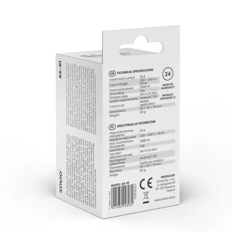 Inteligentne gniazdko SAVIO AS-01 16A Wi‑Fi 2.4 GHz, wtyczka typu E/F, 220–240 V, 3680 W, białe