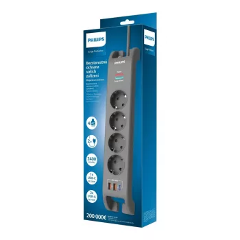 Listwa zasilająca z ochroną przeciwprzepięciową Philips 4 gniazda, kabel 2 m, 3×US