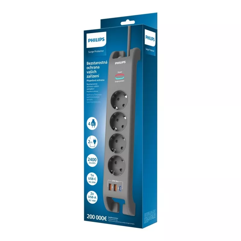 Listwa zasilająca z ochroną przeciwprzepięciową Philips 4 gniazda, kabel 2 m, 3×US