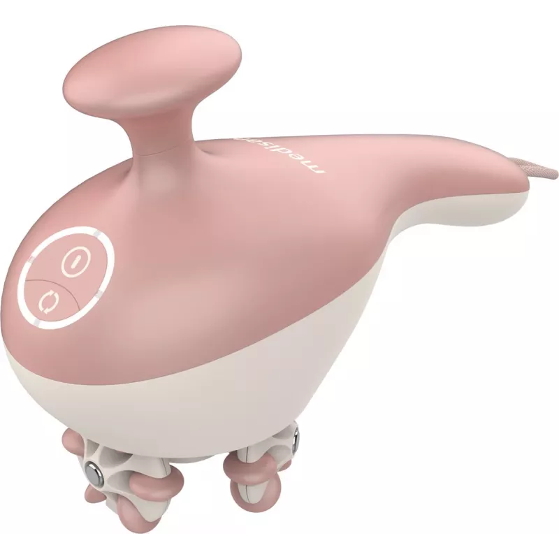Ręczny masażer rolkowy Medisana AC 950 — bezprzewodowy Li‑Ion, 2 poziomy mocy, ergonomiczne uchwyty, 381 g, różowe złoto/biały