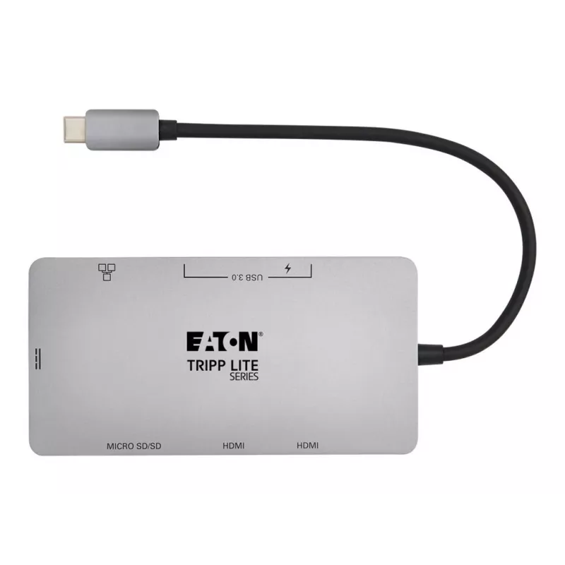 Stacja dokująca Eaton Tripp Lite USB-C, podwójny wyświetlacz - 4K 60 Hz HDMI, USB 3.2 Gen 1, koncentrator USB-A, GbE, czytnik kart, ładowanie 100W PD, szary