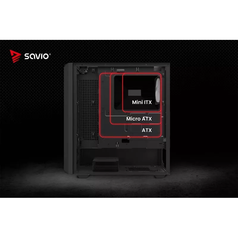 Obudowa PC Cube SAVIO Noctis Glass RGB — Czarny, ATX/Micro-ATX, 210×410×450 mm, 3×120 mm wentylatory z przodu