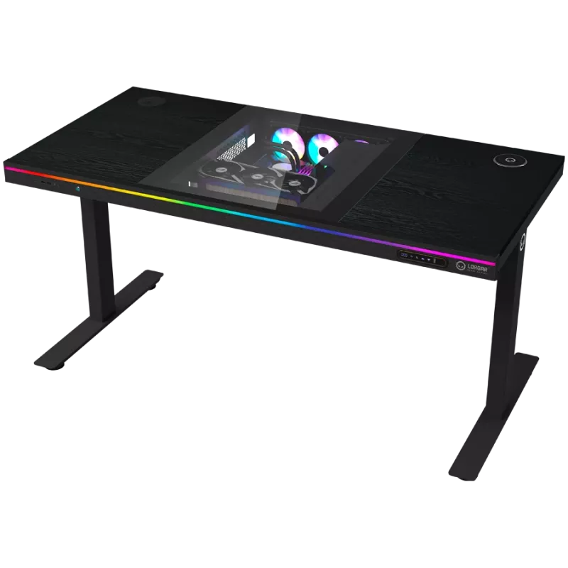 Biurko gamingowe z regulacją wysokości typu sit/stand z dwoma silnikami, wbudowaną obudową PC, ładowarką bezprzewodową, podświetleniem RGB, panelem sterowania i portami USB, blat z melaminy PB, czarny.