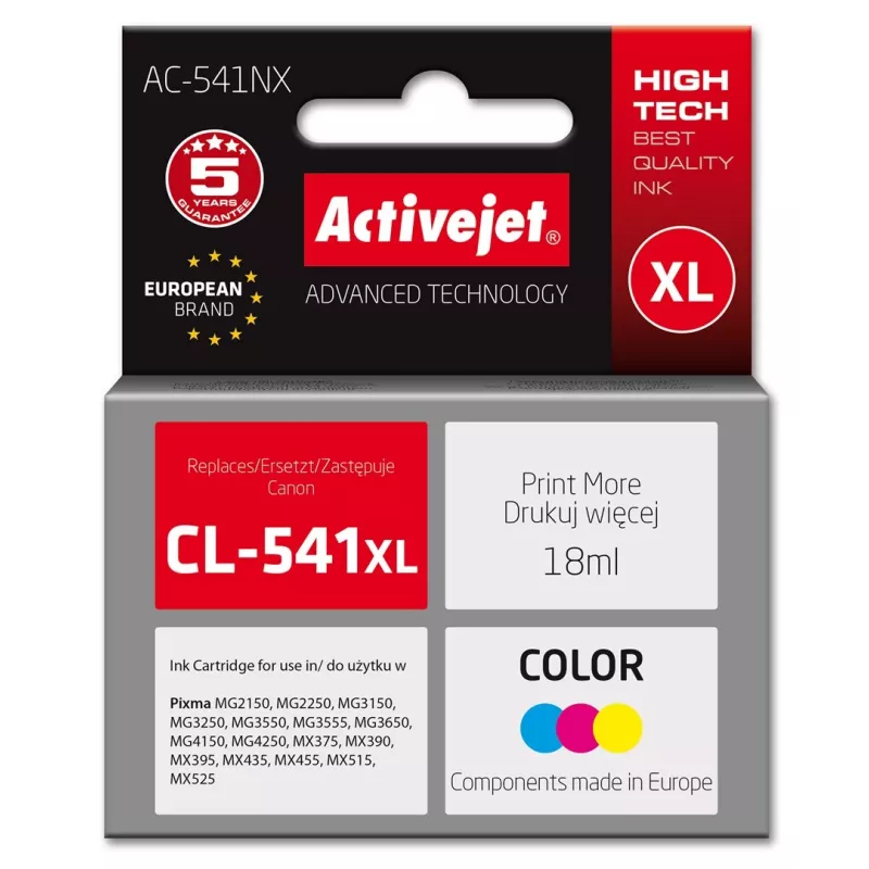 Tusz Activejet AC-541NX do drukarki Canon (zamiennik Canon CL-541XL) Supreme, 18 ml, cyjan, żółty, magenta