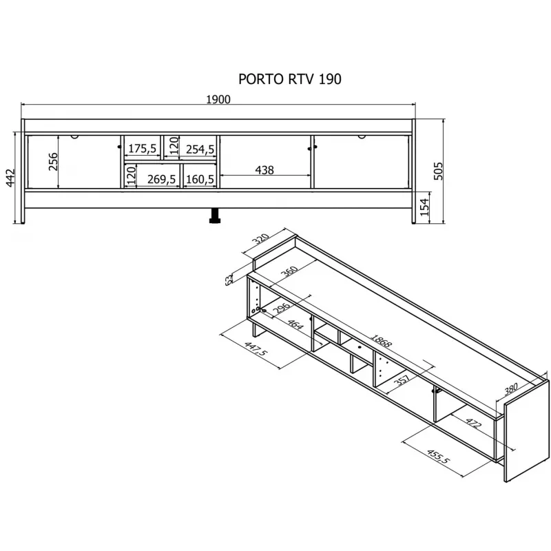 Cama RTV PORTO 3D Szafka 190x38x50 dąb/czarny