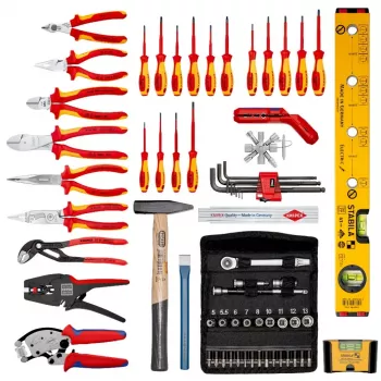 Zestaw narzędzi mechanicznych Knipex 00 21 06 — 68 narzędzi, zawiera szczypce igłowe i do pomp wodnych, czerwone/żółte narzędzia, czarna walizka (515×438×265 mm)