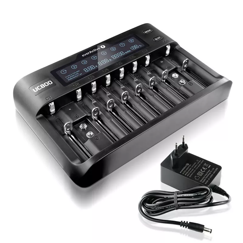 Ładowarka do akumulatorów everActive UC-800 AC 12V 3A — do LiFePO4/LiPo/NiMH, obsługuje AA/AAA/9V, do 10 akumulatorów, wejście 12 V, wbudowany wyświetlacz, czarna