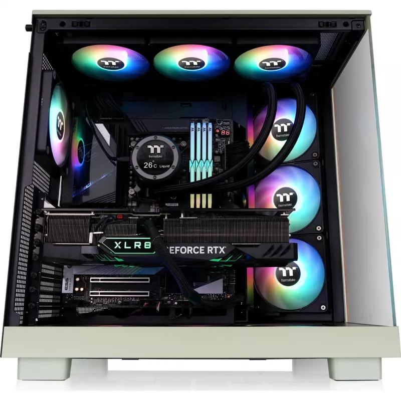 View 380 XL WS ARGB, obudowa wieżowa Light Green/Wood, 2x hartowane szkło, tekstura drewna