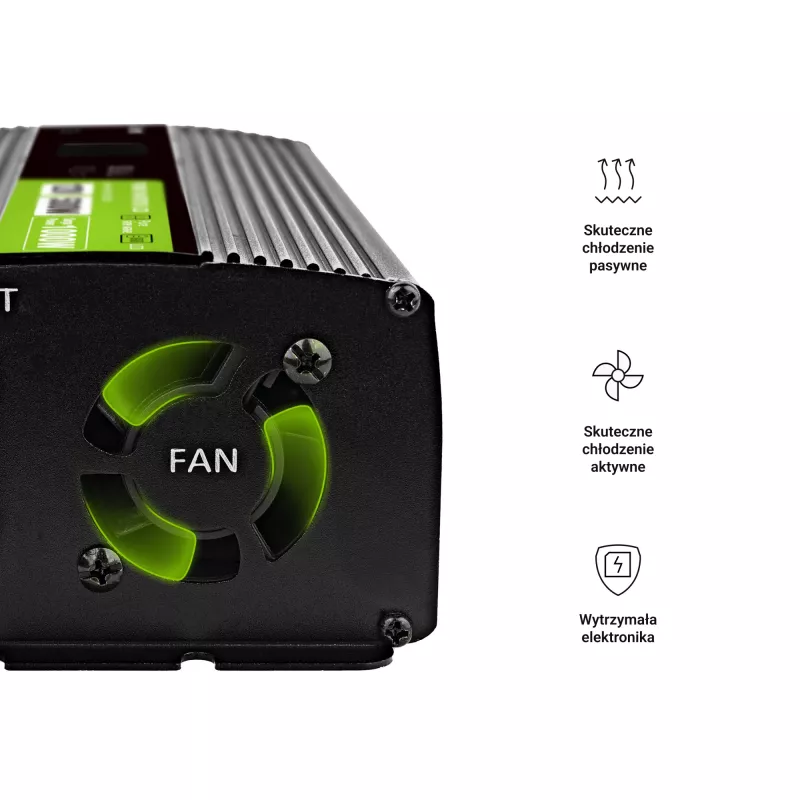 Przetwornica napięcia Green Cell PowerInverter LCD 12 V 500W/1000W do samochodu z wyświetlaczem - adapter/przetwornica czystej fali sinusoidalnej Auto Czarny