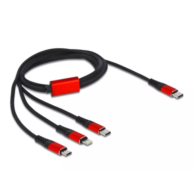 Kabel ładujący USB DeLOCK 3 w 1 USB Type-C na Lightning Micro USB USB Type-C 1 m czarny czerwony